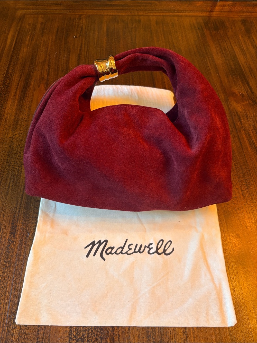 Madewell Wine Suede Knotted Handle Shoulder Bag with Gold Accent